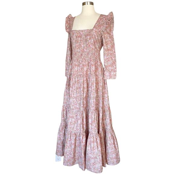 LOVESHACKFANCY Lyna Maxi Dress Tan Garden Cotton Ruffle Floral Pink S 4-6 Sample - Picture 5 of 14